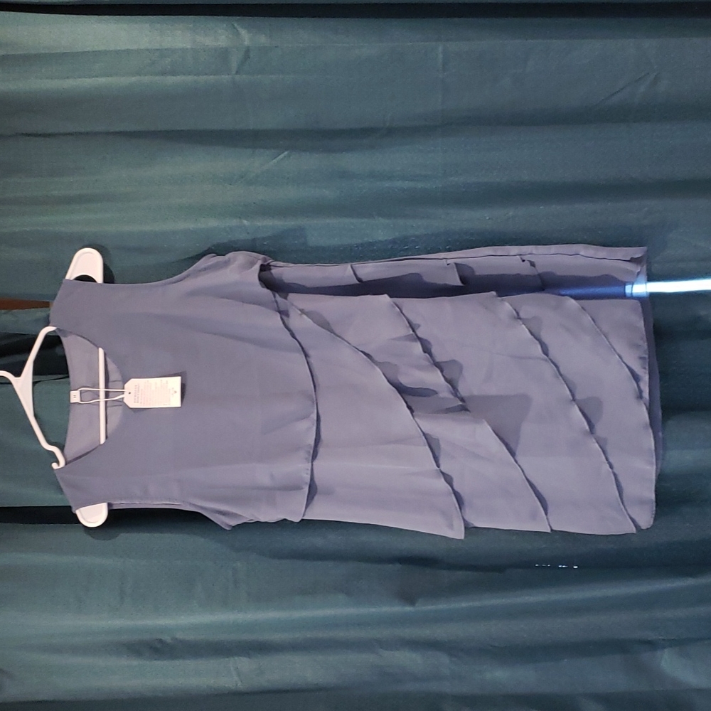 Deufe dusty grayish blue dress with side zipper. Above the knee.